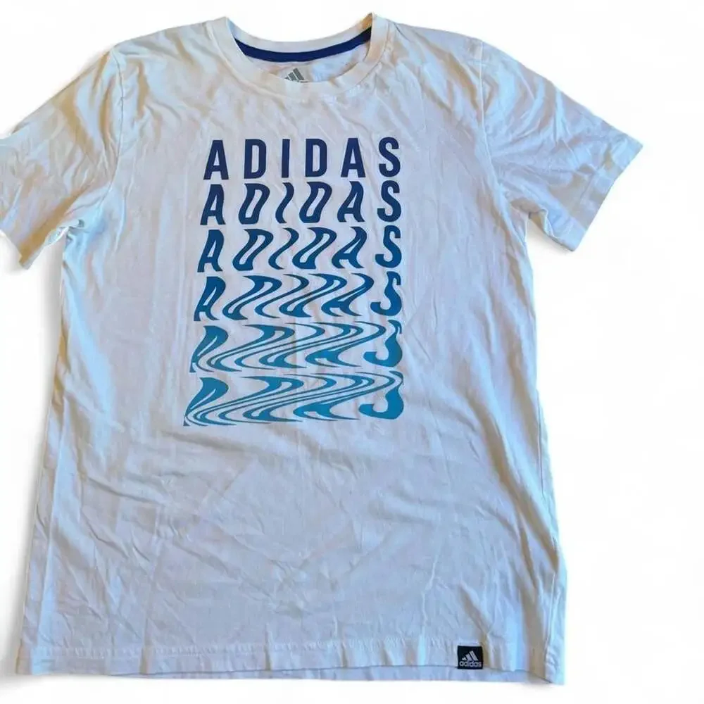 Adidas White Graphic T-Shirt With Blue Wavy Logo